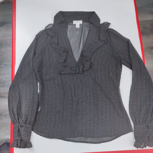 LOFT Ann Taylor lightweight blouse frill deep cut neck black women's size 6 - Picture 1 of 9